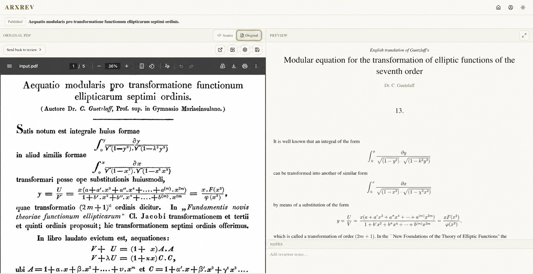 Original scanned paper beside the reconstructed English PDF