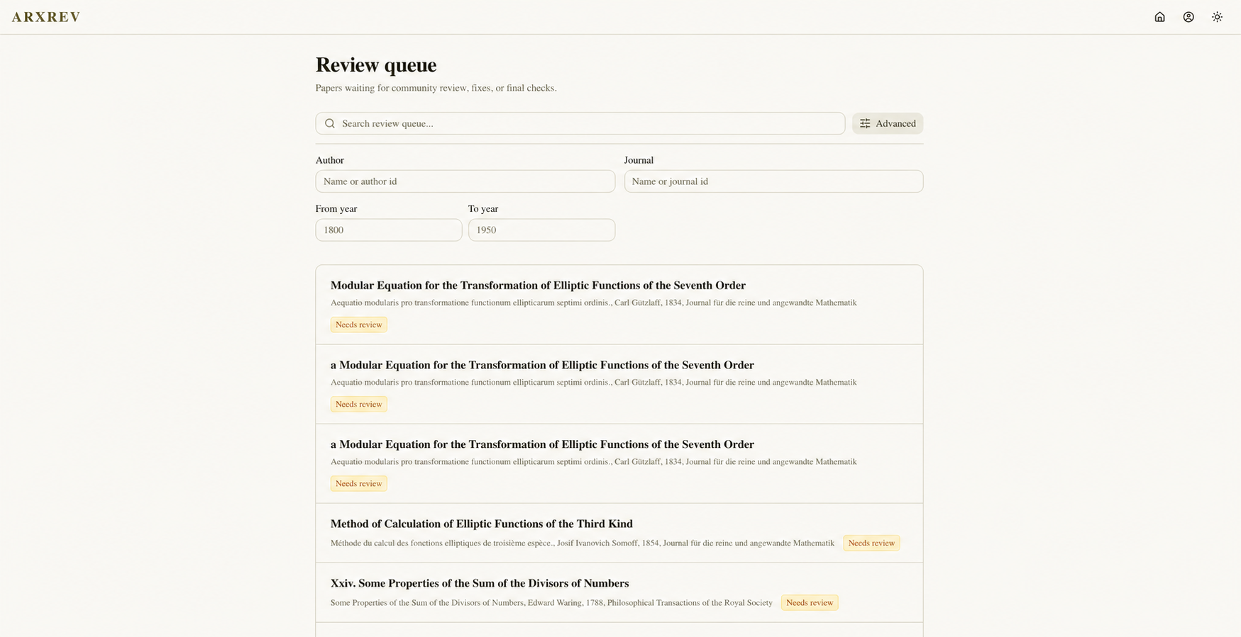 Searchable ArXRev community review queue